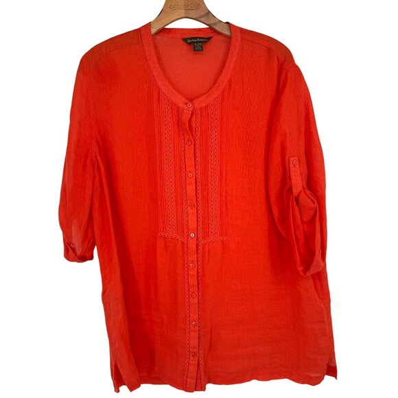 Tommy Bahama Womens orange Linen Button-Up Blouse size XL 3/4 roll tab sleeve - Picture 1 of 13